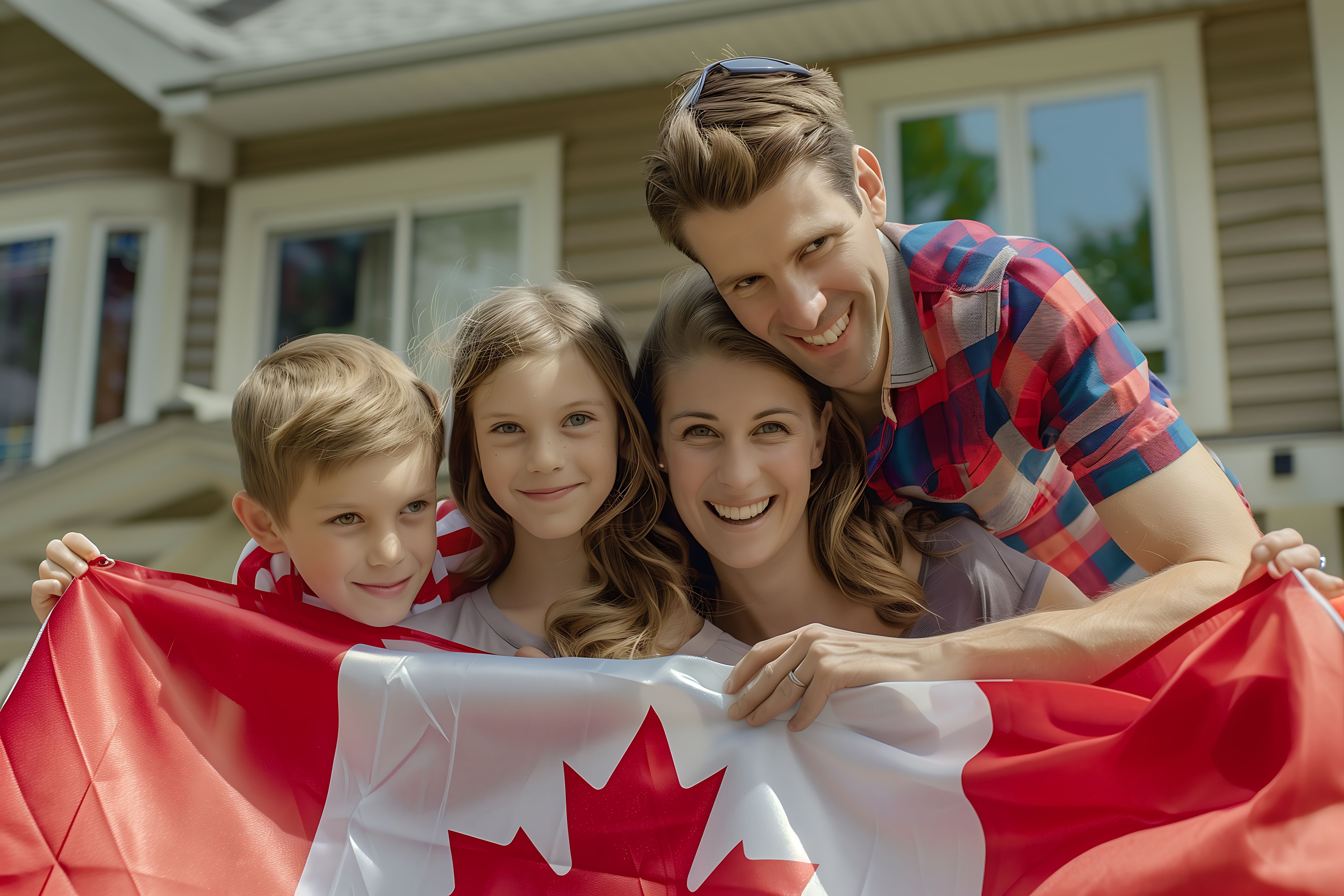 Family holding Canadian Flag Family living peacefully in Canada